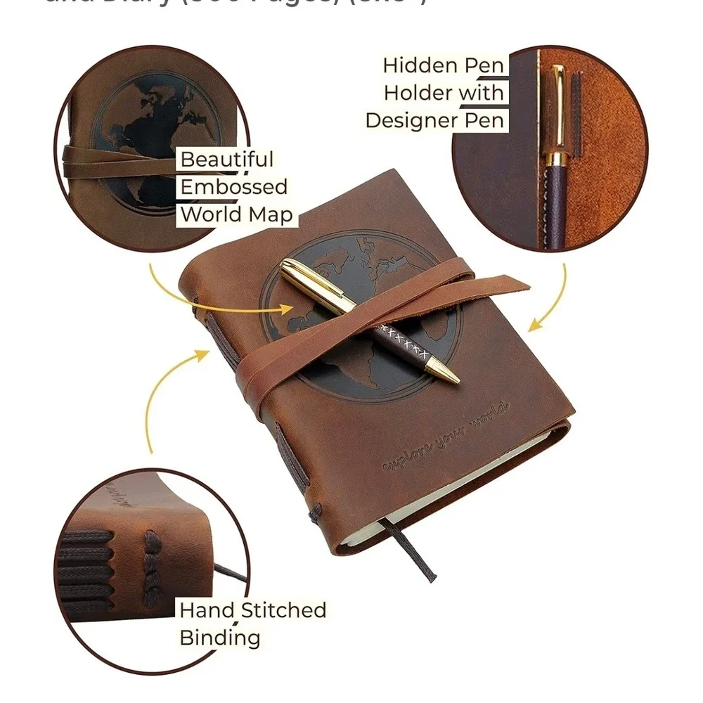 Leather Bound Journal with World Map Embossed and Designer Pen‎ 300 Pages